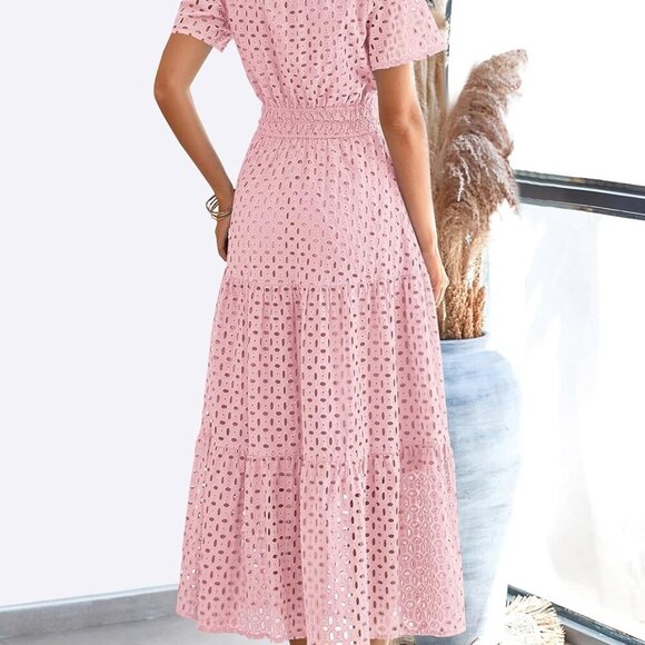 Womens 2025 Summer Maxi Dress Short Sleeve V Neck Hollow Out Eyelet A Line Long - Picture 2 of 7